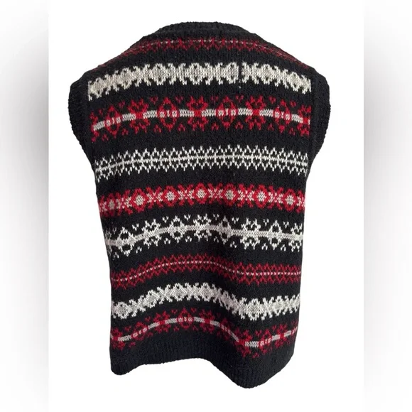 Vintage Nordic Knit Vest Full Zip Sweater Black Red White‎ Fair Isle Sleeveless - Picture 5 of 11